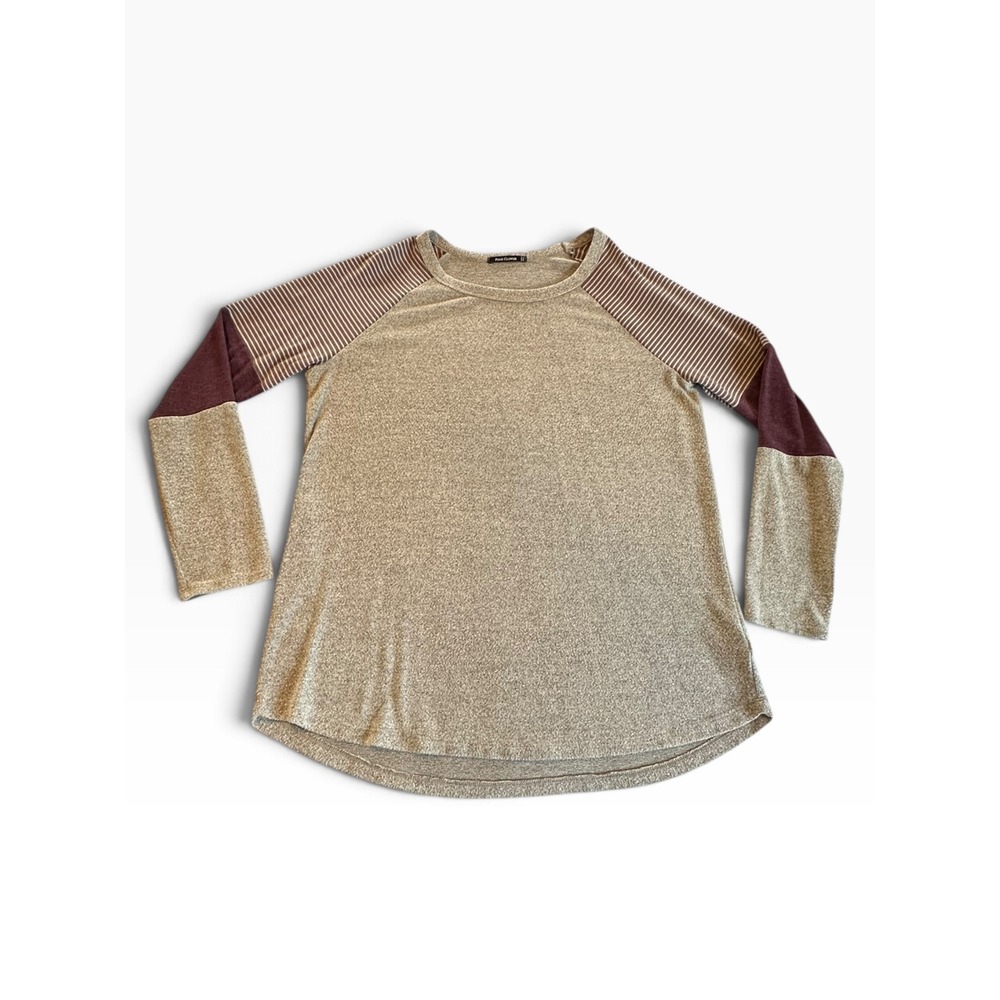 Pink Clover Raglan Top Womens XL Tan Burgundy Stripe Colorblock Long Sleeves